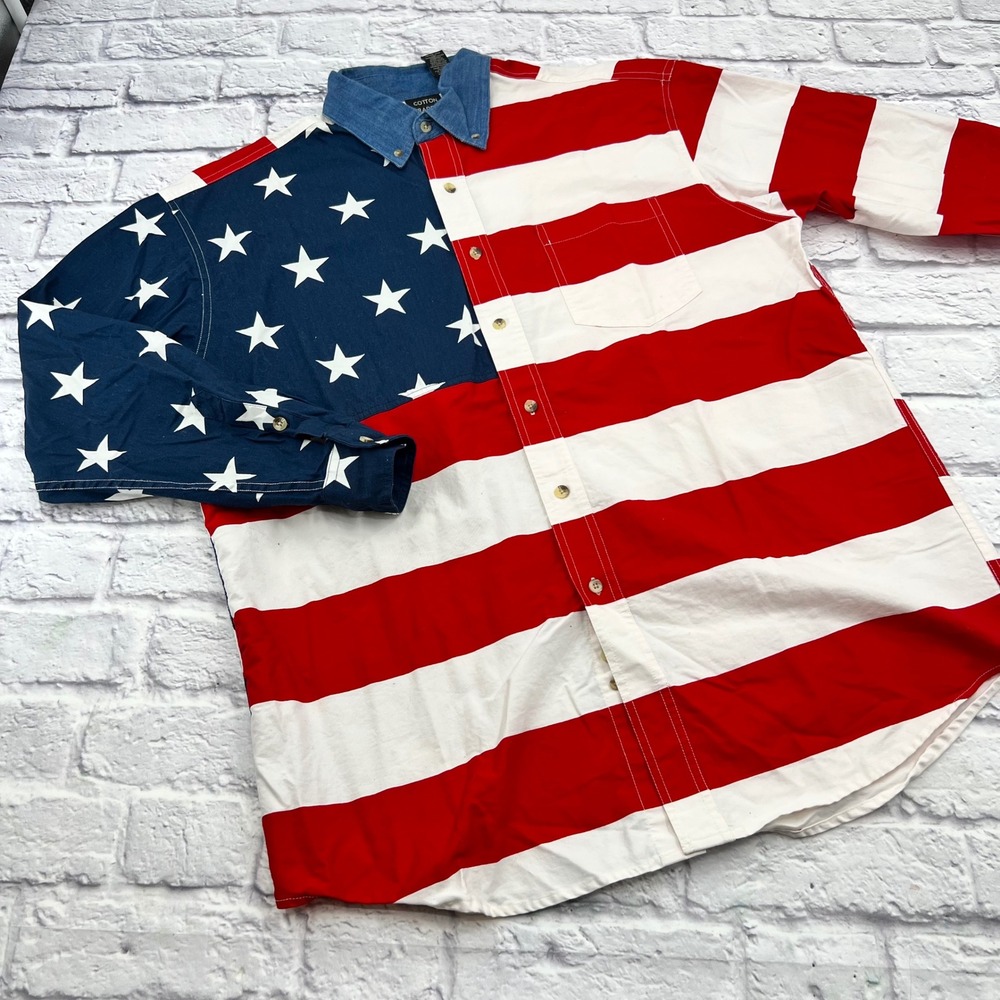 Cotton Traders Sport Mens American Flag Patriotic Button Down Shirt Large L